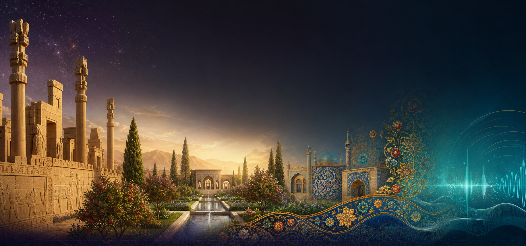 An original panorama moving from the stone columns of Persepolis through a Persian garden and turquoise tilework into modern glowing sound waves